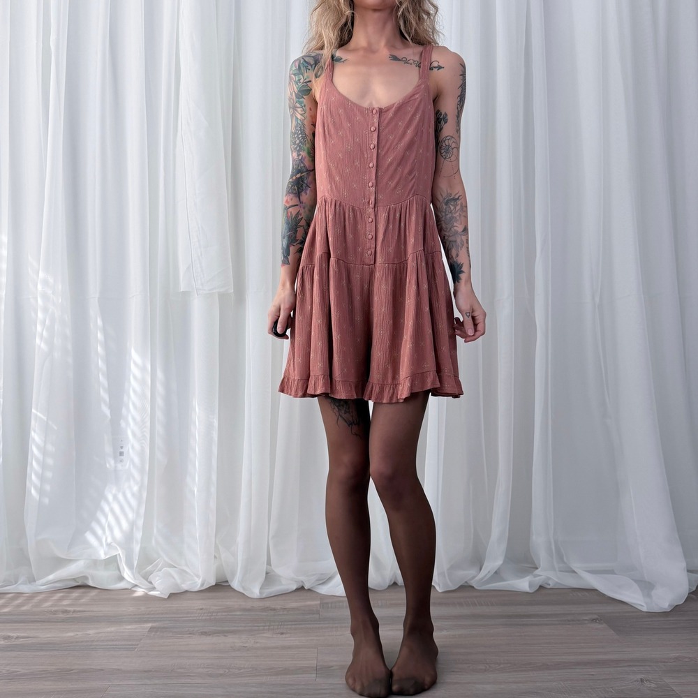 Mahrina Coral Pink Boho Romper Dress Button Front Medium